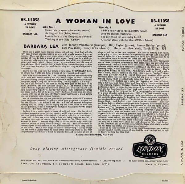 Barbara Lea with Billy Taylor and His Trio and Johnny WIndhurst – A Woman In Love - Image 2